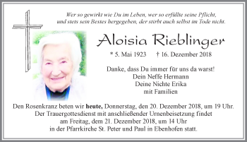 Traueranzeige von Aloisia Rieblinger von Allgäuer Zeitung, Marktoberdorf