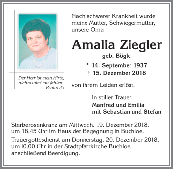 Traueranzeige von Amalia Ziegler von Allgäuer Zeitung