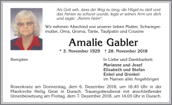 Traueranzeige von Amalie Gabler von Allgäuer Zeitung,Kempten