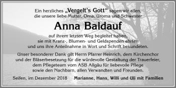 Traueranzeige von Anna Baldauf von Allgäuer Anzeigeblatt