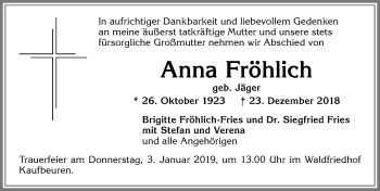 Traueranzeige von Anna Fröhlich von Allgäuer Zeitung, Marktoberdorf