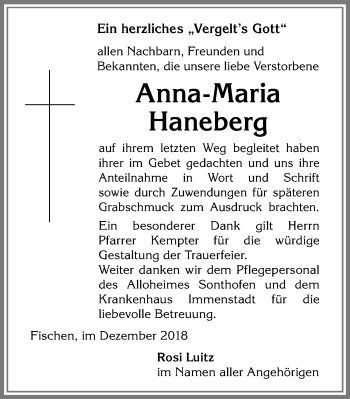 Traueranzeige von Anna-Maria Haneberg von Allgäuer Anzeigeblatt
