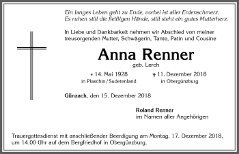Traueranzeige von Anna Renner von Allgäuer Zeitung, Marktoberdorf
