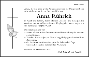 Traueranzeige von Anna Rührich von Der Westallgäuer