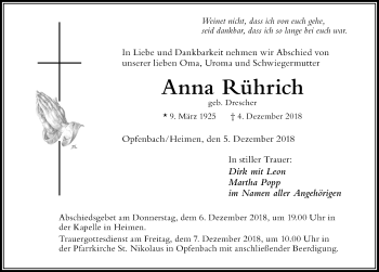 Traueranzeige von Anna Rührich von Der Westallgäuer