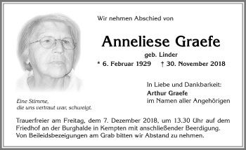 Traueranzeige von Anneliese Graefe von Allgäuer Zeitung,Kempten