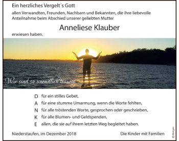Traueranzeige von Anneliese Klauber von Der Westallgäuer
