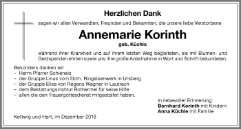 Traueranzeige von Annemarie Korinth von Memminger Zeitung