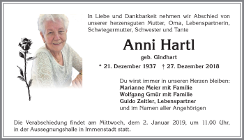 Traueranzeige von Anni Hartl von Allgäuer Anzeigeblatt