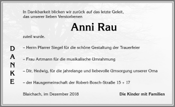 Traueranzeige von Anni Rau von Allgäuer Anzeigeblatt