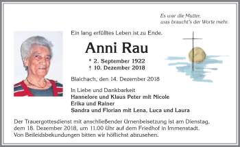 Traueranzeige von Anni Rau von Allgäuer Anzeigeblatt