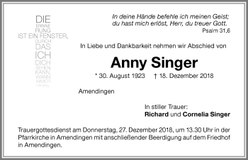 Traueranzeige von Anny Singer von Memminger Zeitung
