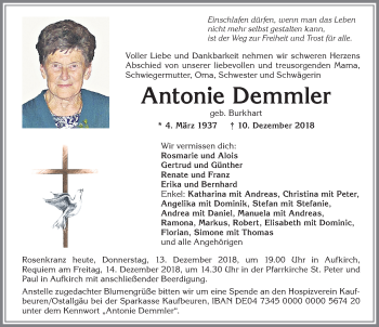 Traueranzeige von Antonie Demmler von Allgäuer Zeitung, Kaufbeuren/Buchloe