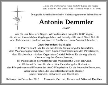 Traueranzeige von Antonie Demmler von Allgäuer Zeitung, Kaufbeuren/Buchloe