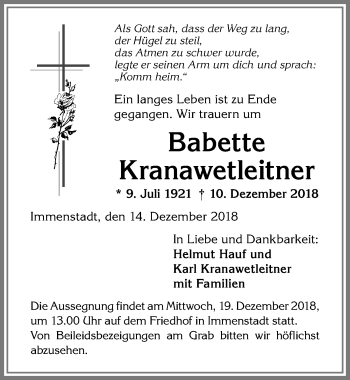 Traueranzeige von Babette Kranawetleitner von Allgäuer Anzeigeblatt