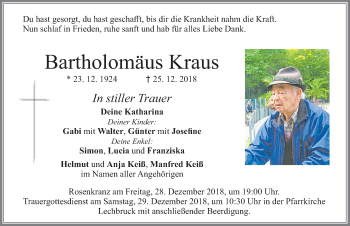 Traueranzeige von Bartholomäus Kraus von Allgäuer Zeitung, Füssen