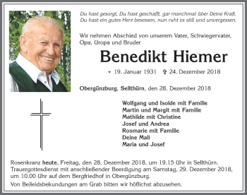 Traueranzeige von Benedikt Hiemer von Allgäuer Zeitung, Marktoberdorf