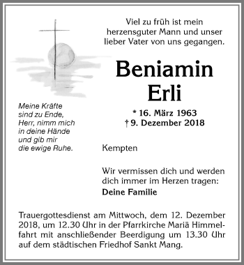 Traueranzeige von Beniamin Erli von Allgäuer Zeitung,Kempten