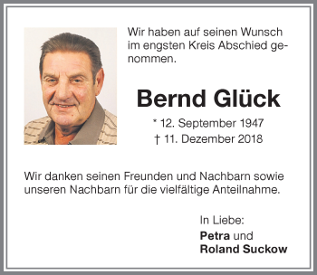 Traueranzeige von Bernd Glück von Allgäuer Zeitung,Kempten