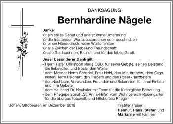 Traueranzeige von Bernhardine Nägele von Memminger Zeitung