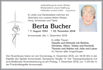 Traueranzeige von Berta Bucher von Allgäuer Anzeigeblatt