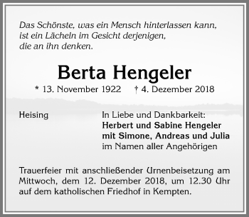 Traueranzeige von Berta Hengeler von Allgäuer Zeitung,Kempten