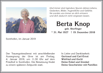Traueranzeige von Berta Knop von Allgäuer Anzeigeblatt