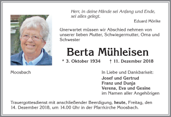 Traueranzeige von Berta Mühleisen von Allgäuer Zeitung,Kempten
