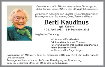 Traueranzeige von Bertl Kaudinus von Allgäuer Zeitung,Kempten