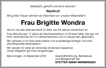 Traueranzeige von Brigitte Wondra von Memminger Zeitung