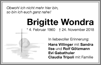 Traueranzeige von Brigitte Wondra von Memminger Zeitung