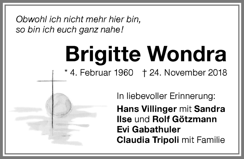  Traueranzeige für Brigitte Wondra vom 08.12.2018 aus Memminger Zeitung