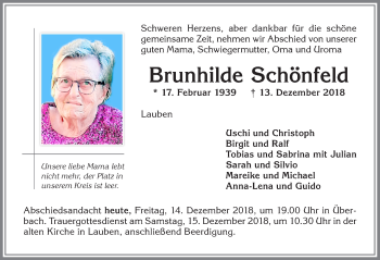 Traueranzeige von Brunhilde Schönfeld von Allgäuer Zeitung,Kempten