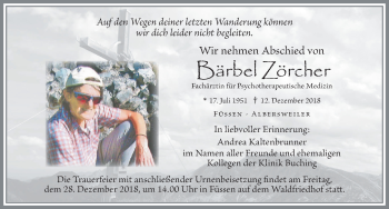 Traueranzeige von Bärbel Zörcher von Allgäuer Zeitung, Füssen