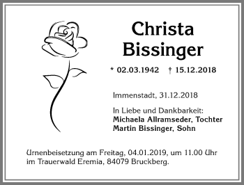 Traueranzeige von Christa Bissinger von Allgäuer Anzeigeblatt