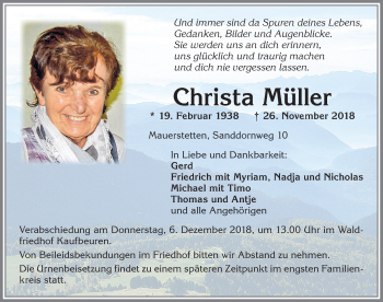 Traueranzeige von Christa Müller von Allgäuer Zeitung, Kaufbeuren/Buchloe