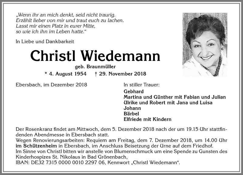  Traueranzeige für Christl Wiedemann vom 04.12.2018 aus Allgäuer Zeitung