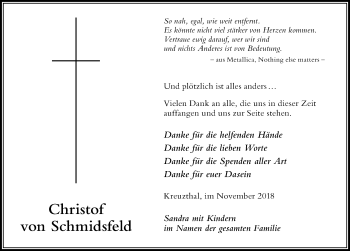 Traueranzeige von Christof von Schmidsfeld von Allgäuer Zeitung,Kempten