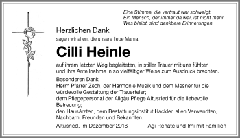 Traueranzeige von Cilli Heinle von Allgäuer Zeitung,Kempten
