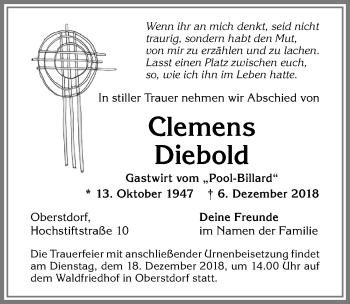 Traueranzeige von Clemens Diebold von Allgäuer Anzeigeblatt