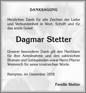 Traueranzeige von Dagmar Stetter von Allgäuer Zeitung,Kempten