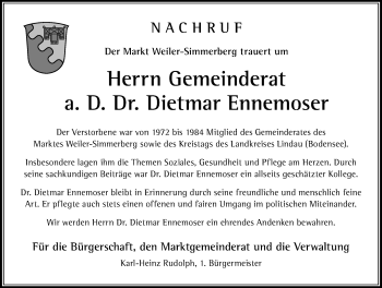 Traueranzeige von Dietmar Ennemoser von Der Westallgäuer