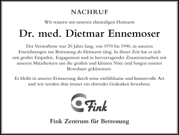 Traueranzeige von Dietmar Ennemoser von Der Westallgäuer