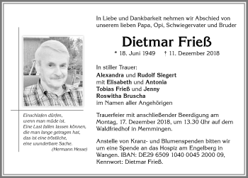 Traueranzeige von Dietmar Frieß von Memminger Zeitung
