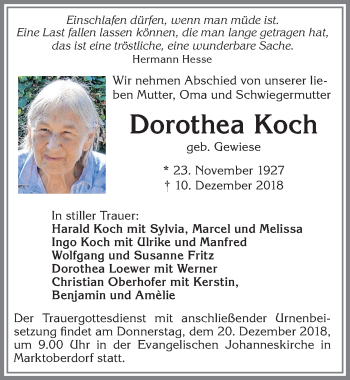 Traueranzeige von Dorothea Koch von Allgäuer Zeitung, Marktoberdorf