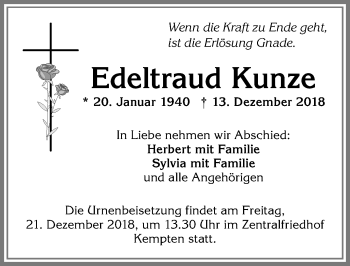 Traueranzeige von Edeltraud Kunze von Allgäuer Zeitung,Kempten