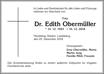 Traueranzeige von Edith Obermüller von Allgäuer Zeitung, Füssen