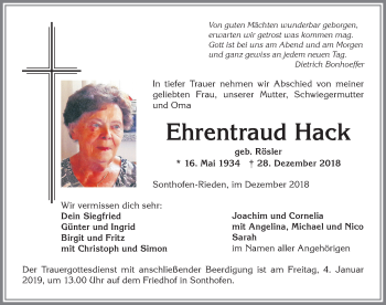 Traueranzeige von Ehrentraud Hack von Allgäuer Anzeigeblatt
