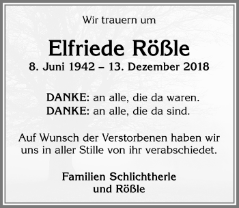 Traueranzeige von Elfriede Rößle von Allgäuer Zeitung, Kaufbeuren/Buchloe