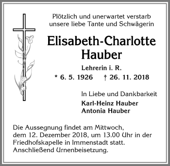 Traueranzeige von Elisabeth-Charlotte Hauber von Allgäuer Anzeigeblatt
